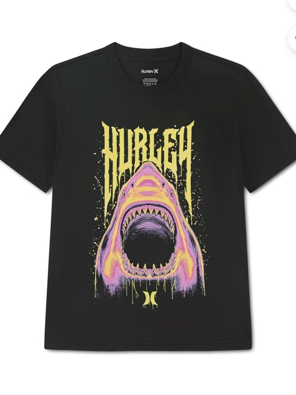 Hurley Black Tee with Yellow and Pink Shark Graphic